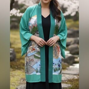 Scenic Print Women's‎ Teal Kimono Coat